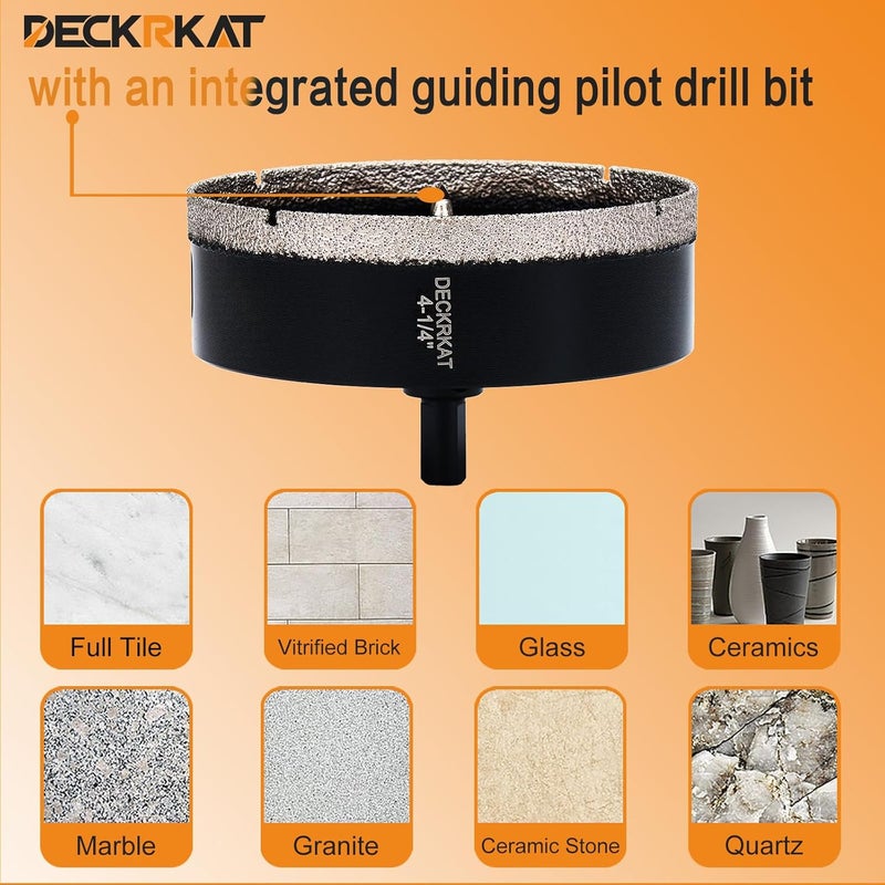 DECKRKAT 4-1/4 inch Diamond Hole-Saw Bits with Pilot Drill Bit -4-1/4" Diamond Tipped Tile Hole Saws with Guiding Bit Accurate Drilling for Porcelain Tile Ceramic Pottery Granite Stone Glass Bottles 110mm. - Image 4
